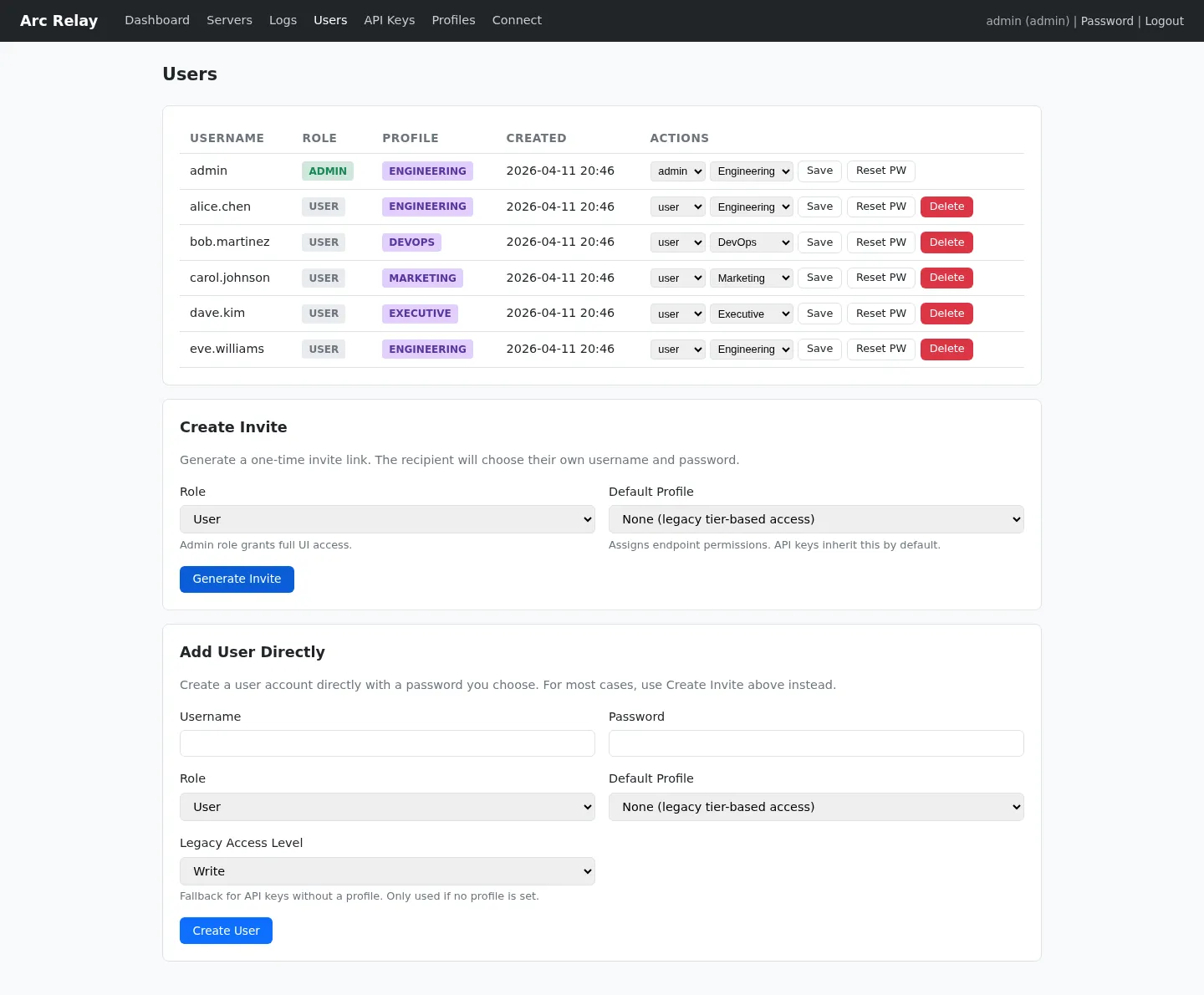 User management with roles, profiles, and invite-based onboarding